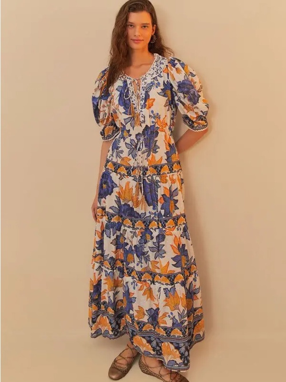 FARM Rio White Maxi Dress with Navy & Mustard Floral Design